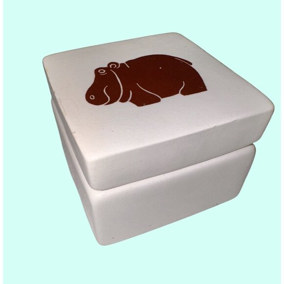 2" Nancy Lopez Ceramic Trinket Box brown Hippo green Frog 1976 japan - Picture 2 of 7